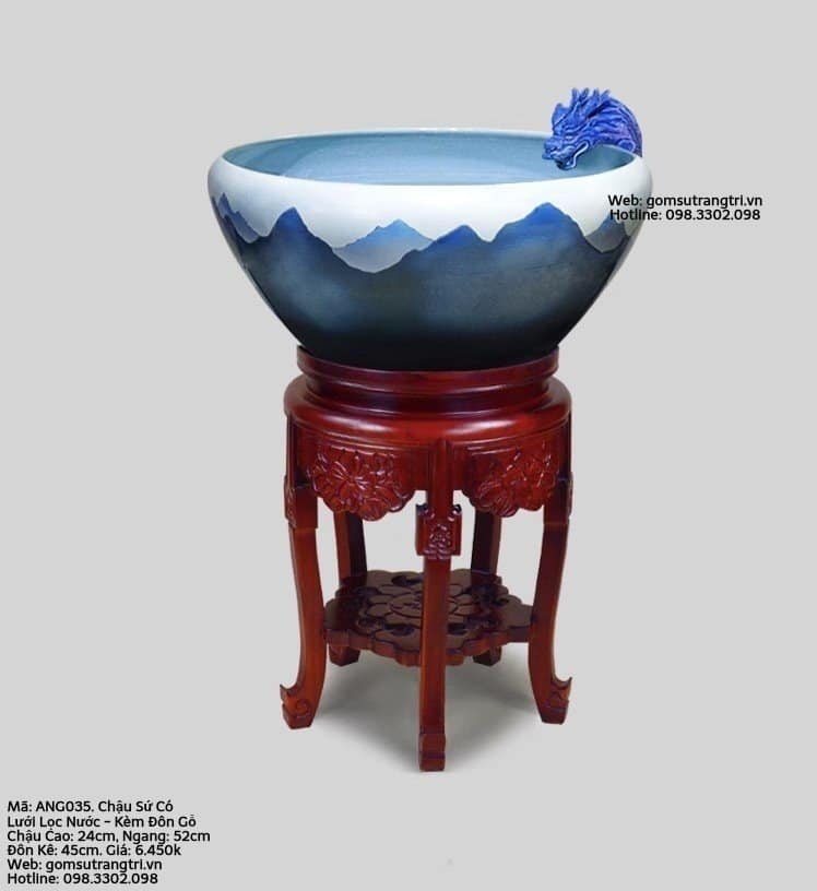 CHẬU SỨ CÓ LƯỚI LỌC NƯỚC - KÈM ĐÔN GỖ